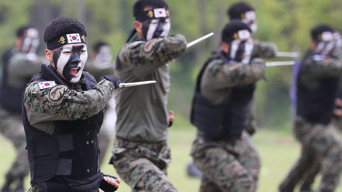 메인이미지  10 : 2일 오전 경기도 이천시 육군 특수전사령부에서 열린 부대 이전 기념행사에서 대원들이 특공 무술을 선보이고 있다. 