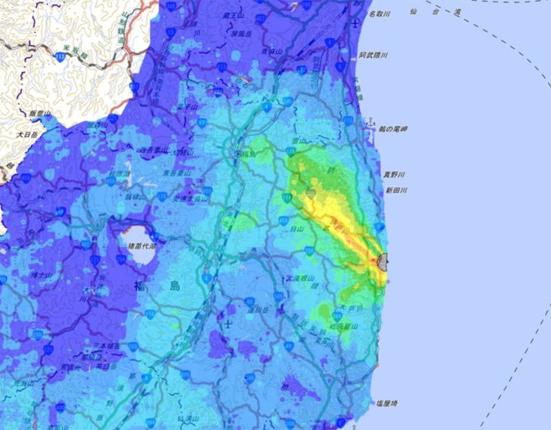 후쿠시마 원전 인근 방사선량 지도(2015년 11월 기준)