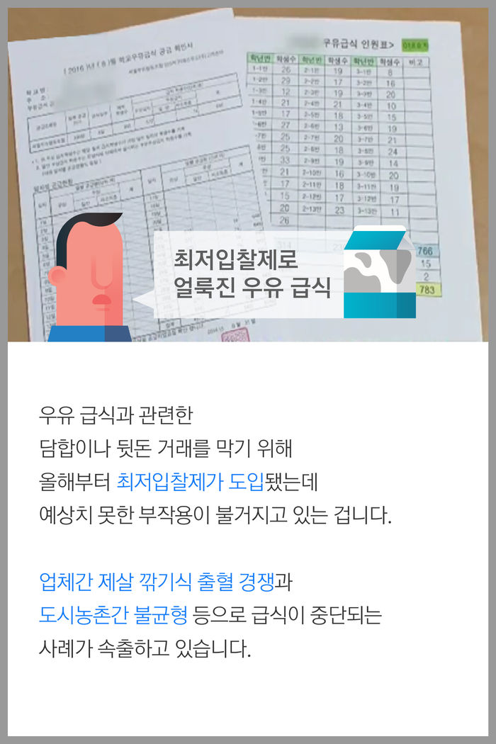 우유 급식과 관련한 
담합이나 뒷돈 거래를 막기 위해 
올해부터 최저입찰제가 도입됐는데
예상치 못한 부작용이 불거지고 있는 겁니다.

업체간 제살 깎기식 출혈 경쟁과 
도시농촌간 불균형 등으로 급식이 중단되는 
사례가 속출하고 있습니다.