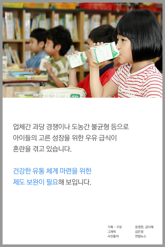 업체간 과당 경쟁이나 도농간 불균형 등으로 
아이들의 고른 성장을 위한 우유 급식이
혼란을 겪고 있습니다.

건강한 유통 체계 마련을 위한 제도 보완이 필요해 보입니다.