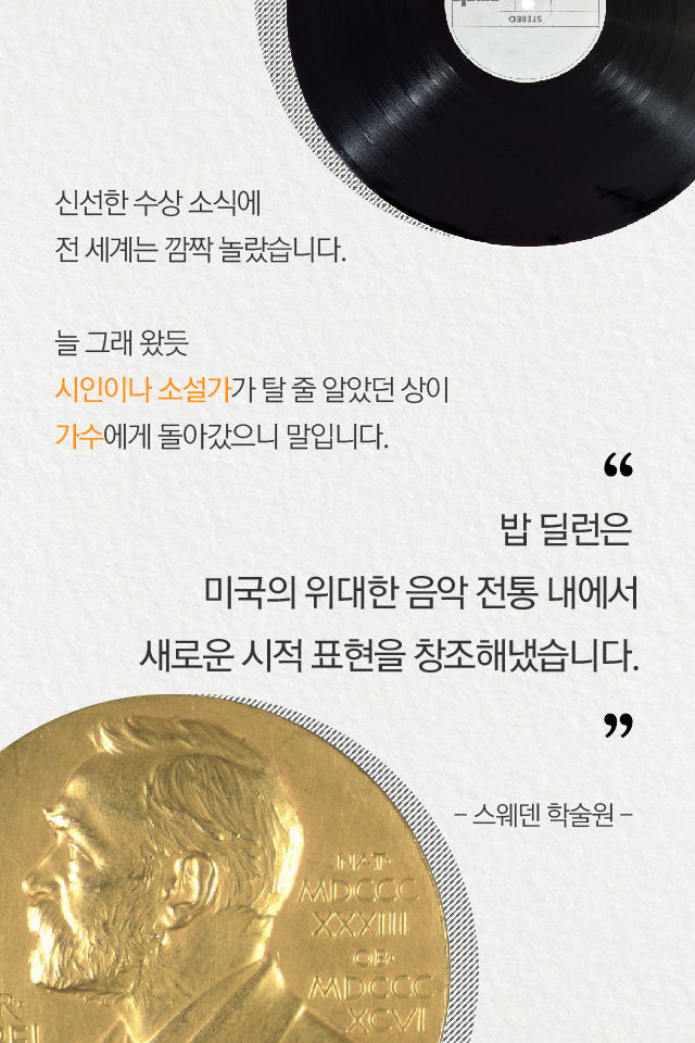 신선한 수상 소식에 전 세계는 깜짝 놀랐습니다. 늘 그래 왔듯 시인이나 소설가가 탈 줄 알았던 상이 가수에게 돌아갔으니 말입니다.[ 스웨덴 학술원 ]“밥 딜런은 미국의 위대한 음악 전통 내에서 새로운 시적 표현을 창조해냈습니다.”