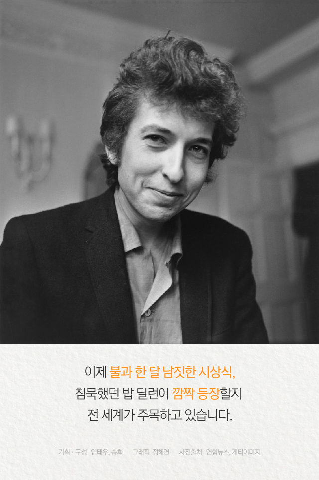 이제 불과 한 달 남짓한 시상식,
침묵했던 밥 딜런이 깜짝 등장할지 
전 세계가 주목하고 있습니다.
