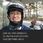 섬네일이미지  2:고광완 씨는 우체국 집배원입니다. 
그는 매일 아침 8시부터 밤 9시까지, 13시간 동안 택배를 나릅니다.