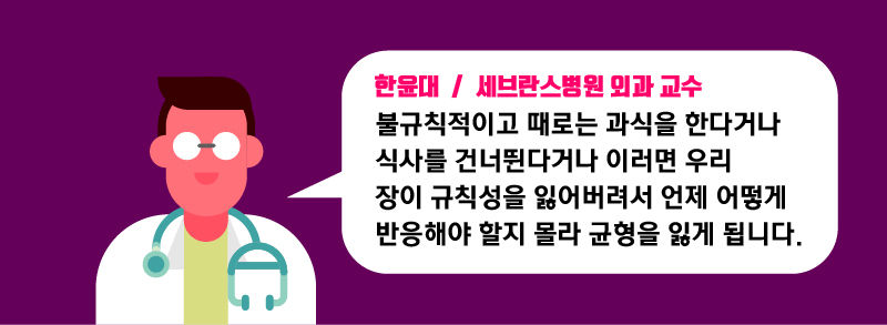 [한윤대/세브란스병원 외과 교수 : 불규칙적이고 때로는 과식을 한다거나 식사를 건너뛴다거나 이러면 우리 장이 규칙성을 잃어버려서 언제 어떻게 반응해야 할지 몰라 균형을 잃게 됩니다.]
