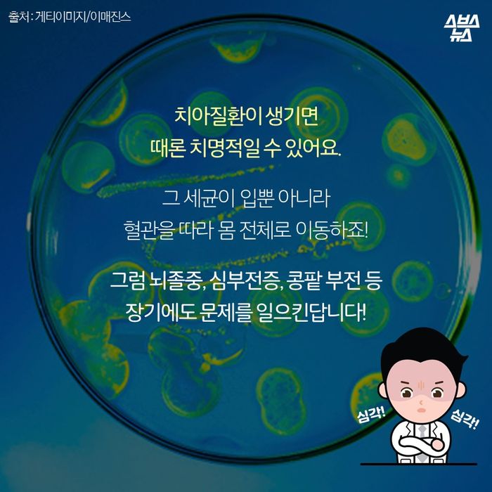 메인이미지  9 : 치아질환이 생기면
때론 치명적일 수 있어요.

그 세균이 입뿐 아니라
혈관을 따라 몸 전체로 이동하죠!

그럼 뇌졸중, 심부전증, 콩팥 부전 등
장기에도 문제를 일으킨답니다!