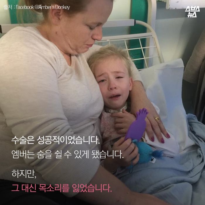 메인이미지  4 : 수술은 성공적이었습니다.
엠버는 숨을 쉴 수 있게 됐습니다.

하지만,
그 대신 목소리를 잃었습니다.