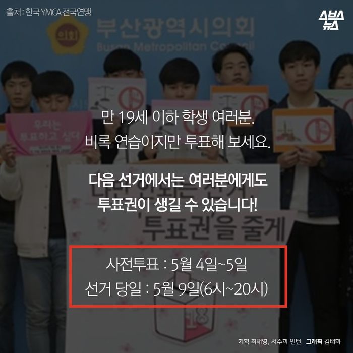 메인이미지  11 : 만 19세 이하 학생 여러분.
비록 연습이지만 투표해 보세요.

다음 선거에서는 여러분에게도
투표권이 생길 수 있습니다!

사전투표 : 5월 4일∼5일
선거 당일 : 5월 9일(6시∼20시)