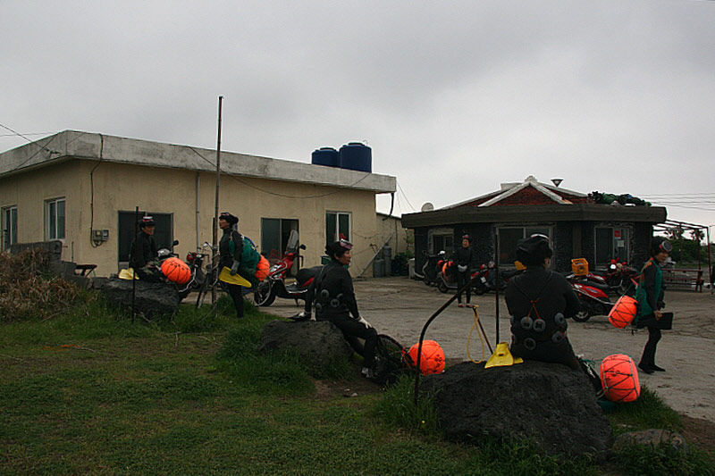 해녀들이 물질 나갈 준비를 하고 있다.