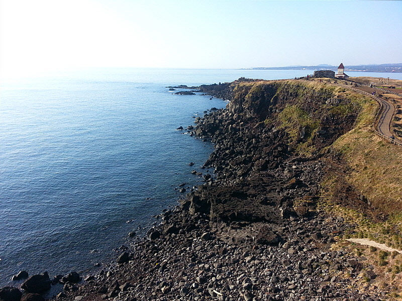 섭지코지의 검은 팔다리가 바다에 빠져있다.