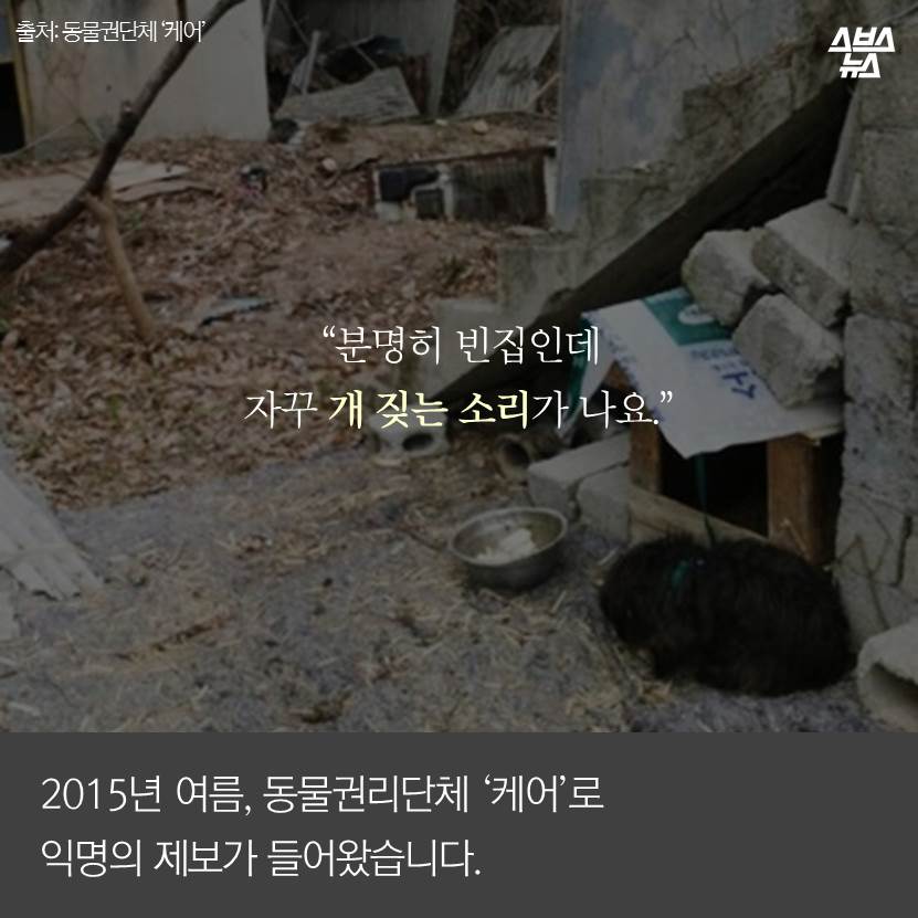 섬네일이미지  2:“분명히 빈집인데 자꾸 개 짖는 소리가 나요.”
2015년 여름, 동물권리단체 ‘케어’로 익명의 제보가 들어왔습니다.

