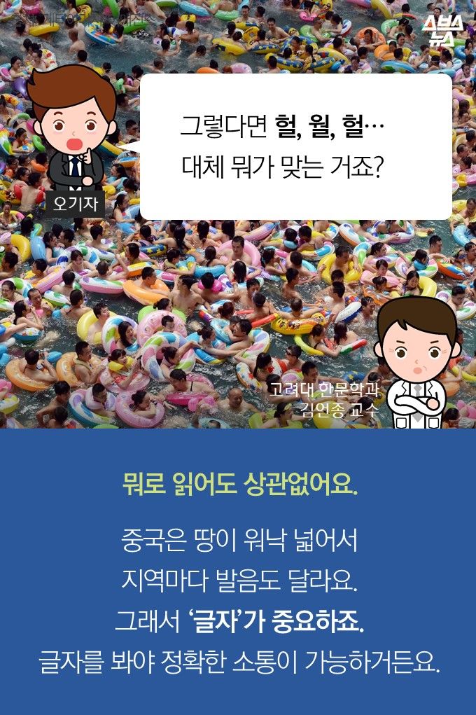 메인이미지  16 : 그렇다면 헐, 월, 헐&hellip;
대체 뭐가 맞는 거죠?

뭐로 읽어도 상관없어요.

중국은 땅이 워낙 넓어서
지역마다 발음도 달라요.
그래서 ‘글자’가 중요하죠.
글자를 봐야 정확한 소통이 가능하거든요.

고려대 한문학과
김언종 교수
