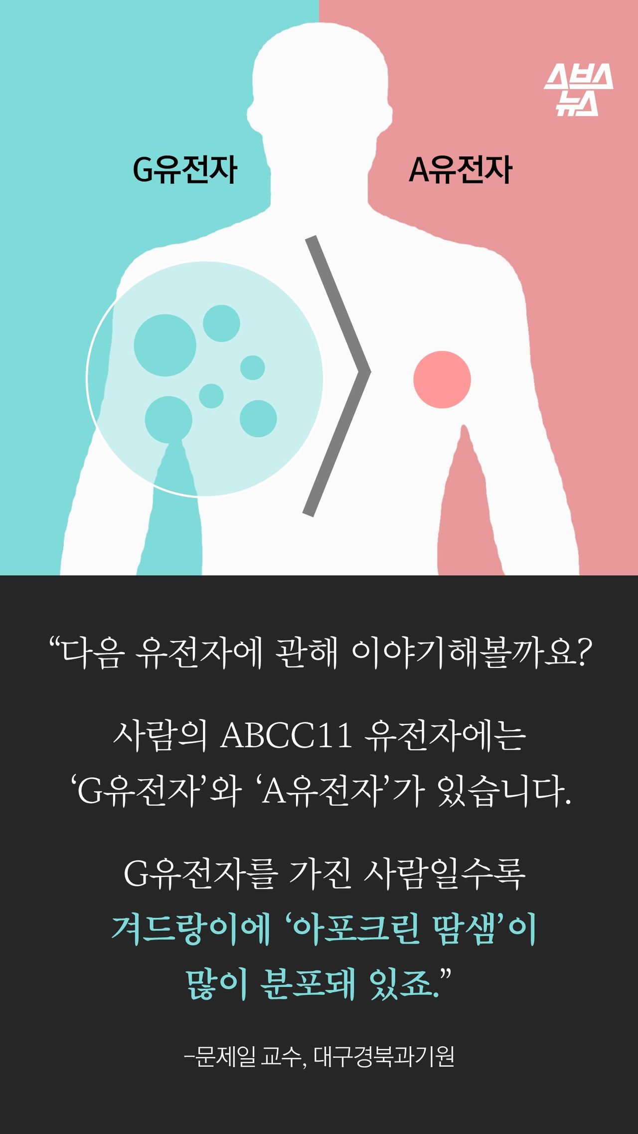 “다음 유전자에 관해 이야기해볼까요?

사람의 ABCC11 유전자에는 
‘G 유전자’와 ‘A 유전자’가 있습니다.

 G유전자를 가진 사람일수록 
 겨드랑이에 ‘아포크린 땀샘’이
많이 분포돼 있죠.”

-문제일 교수, 대구경북과기원