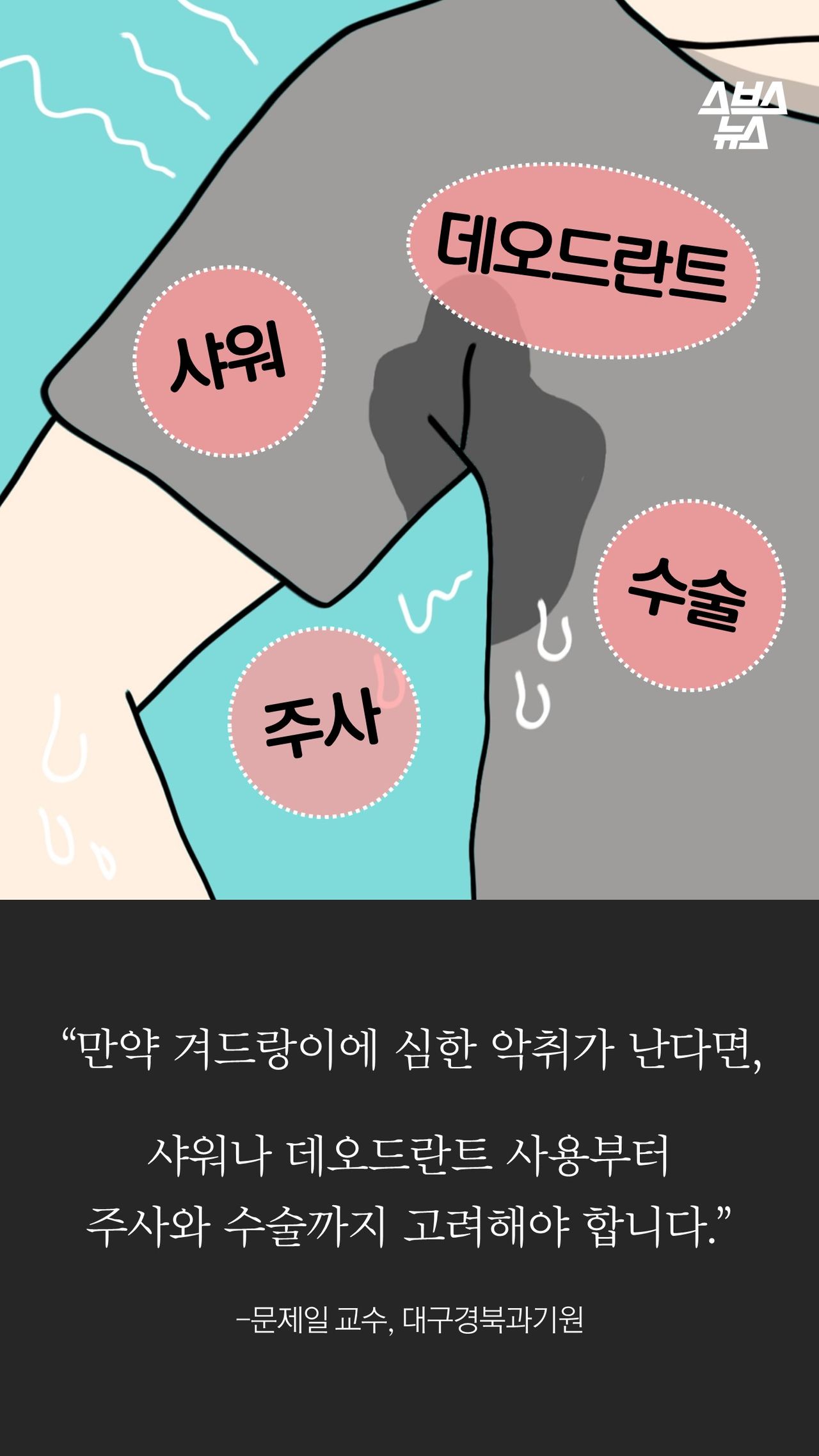 “만약 겨드랑이에 심한 악취가 난다면,

샤워나 데오드란트 사용부터
주사와 수술까지 고려해야 합니다.”

-문제일 교수, 대구경북과기원