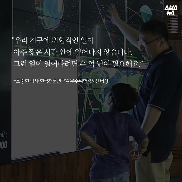 메인이미지  19 : “우리 지구에 위협적인 일이 
 아주 짧은 시간 안에 일어나지 않습니다. 
 그런 일이 일어나려면 수 억 년이 필요해요.”

 -조중현 박사(한국천문연구원 우주위험감시센터장)