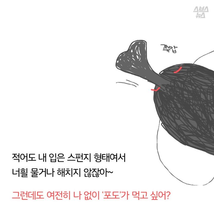 메인이미지  16 : 적어도 내 입은 스펀지 형태여서
너흴 물거나 해치지 않잖아&sim;

그런데도 여전히 나 없이 ‘포도’가 먹고 싶어?