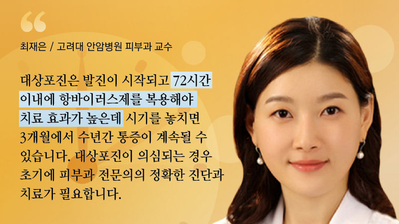 [최재은 / 고려대 안암병원 피부과 교수]
"대상포진은 발진이 시작되고 72시간 이내에 항바이러스제를 복용해야 치료 효과가 높은데 시기를 놓치면 3개월에서 수년간 통증이 계속될 수 있습니다. 대상포진이 의심되는 경우 초기에 피부과 전문의의 정확한 진단과 치료가 필요합니다."