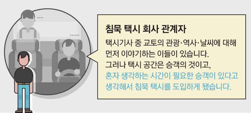 *그래픽
[침묵 택시 회사 관계자]
"택시기사 중 교토의 관광·역사·날씨에 대해 먼저 이야기하는 이들이 있습니다. 그러나 택시 공간은 승객의 것이고, 혼자 생각하는 시간이 필요한 승객이 있다고 생각해서 침묵 택시를 도입하게 됐습니다."