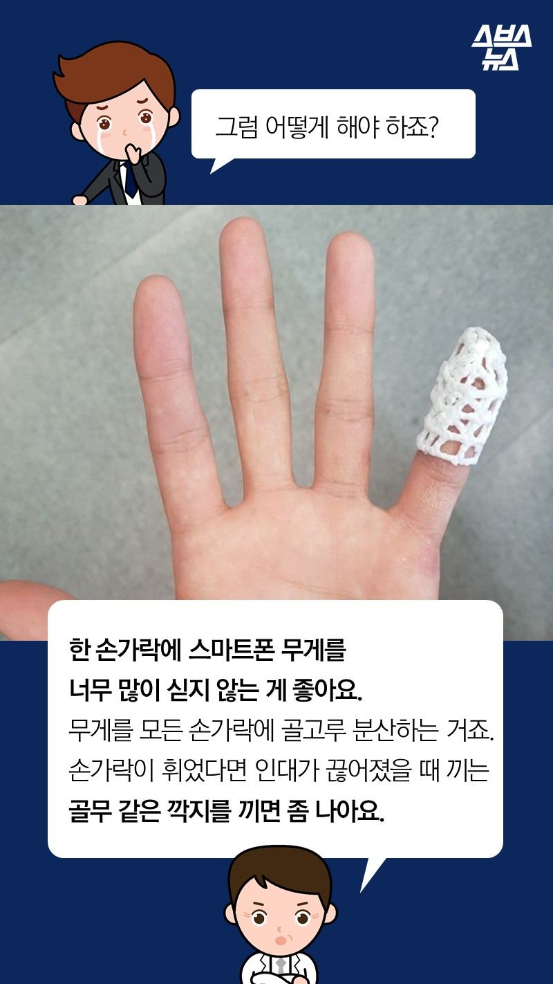 Q. 그럼 어떻게 해야 하죠?
A. 한 손가락에 스마트폰 무게를
너무 많이 싣지 않는 게 좋아요.
무게를 모든 손가락에 골고루 분산하는 거죠. 
손가락이 휘었다면 인대가 끊어졌을 때 끼는
골무 같은 깍지를 끼면 좀 나아요
