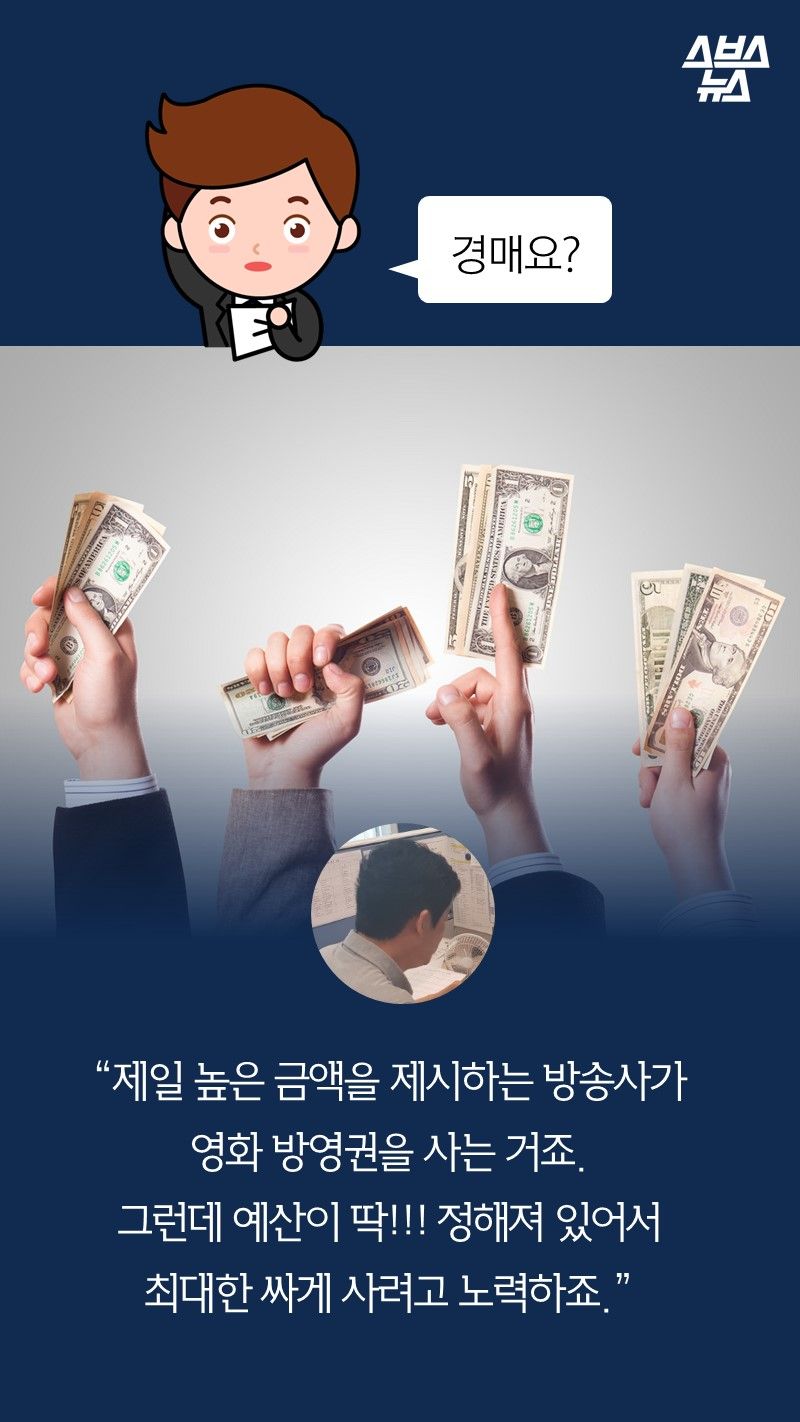 Q. 경매요?

A. 제일 높은 금액을 제시하는 방송사가
영화 방영권을 사는 거죠. 
그런데 예산이 딱!!! 정해져 있어서
최대한 싸게 사려고 노력하죠.