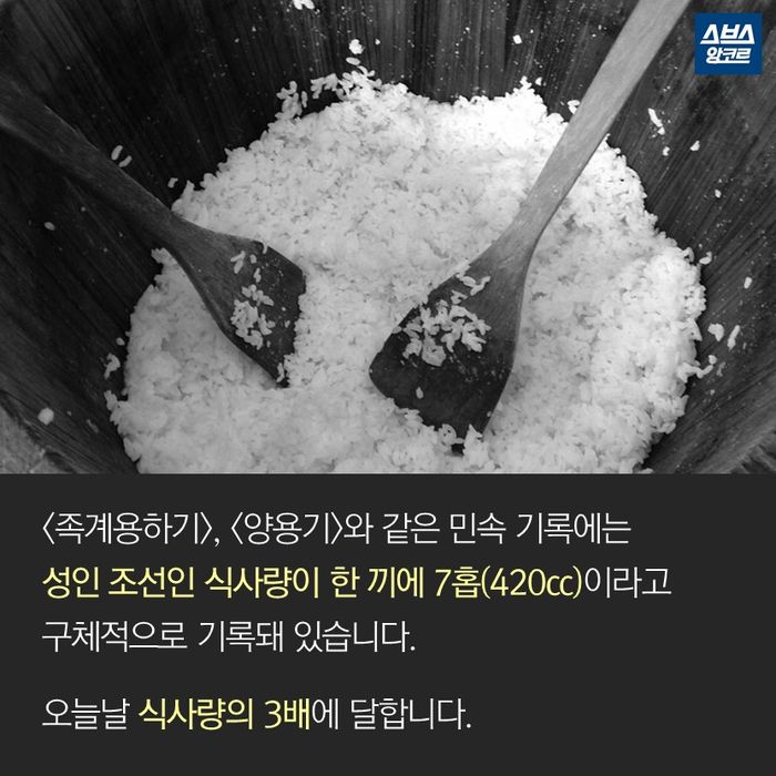 메인이미지  9 : <족계용하기>, <양용기>와 같은 민속 기록에는
성인 조선인 식사량이 한 끼에 7홉(420cc)이라고 구체적으로 기록돼 있습니다.

오늘날 식사량의 3배에 달합니다.

