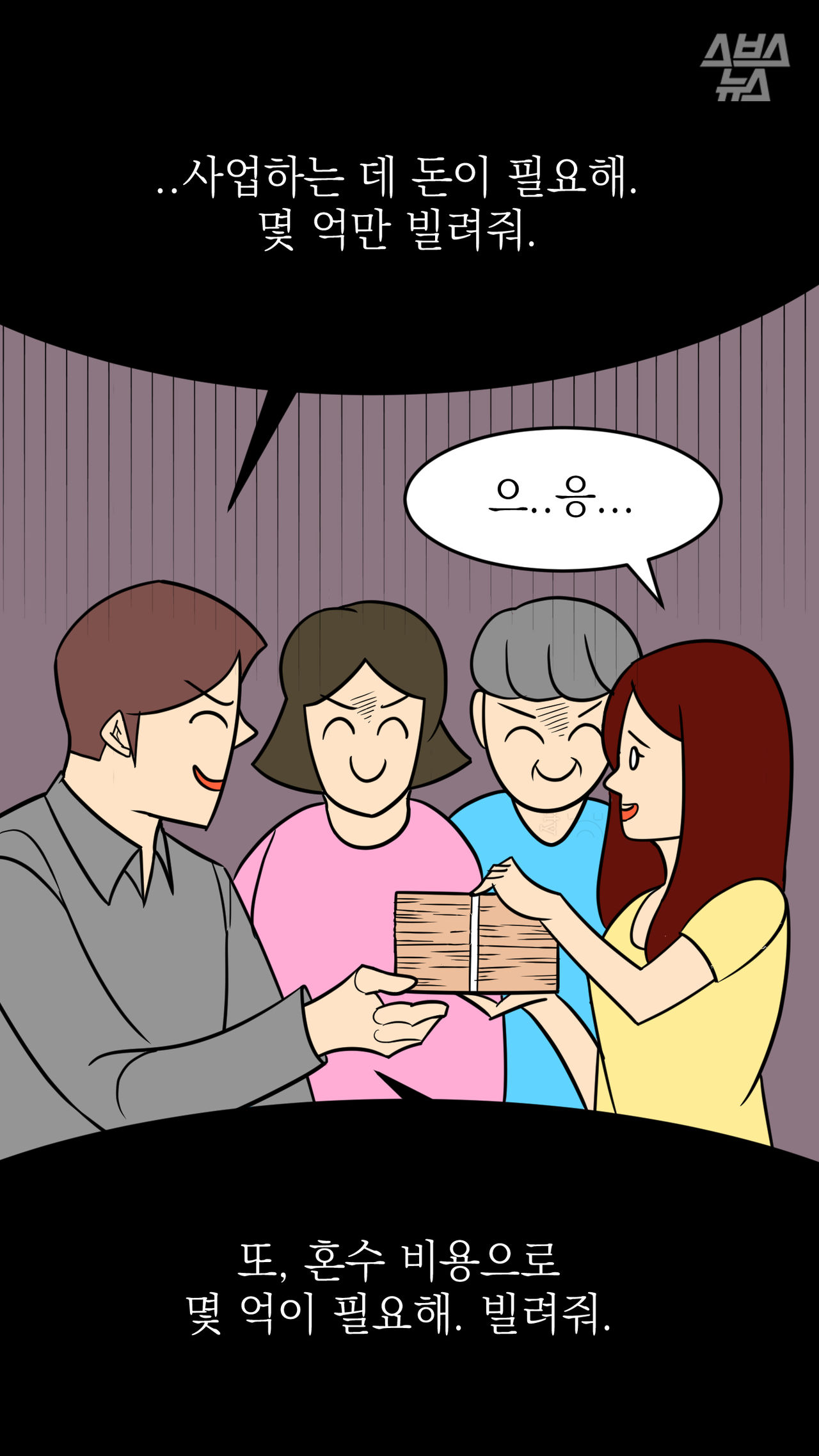 결혼해야 되니까 몇 억만 빌려줘