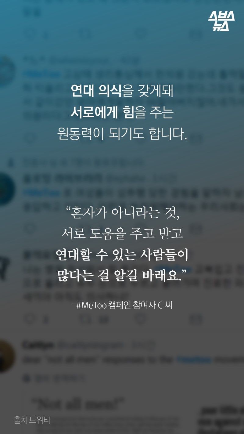 연대 의식을 갖게돼
서로에게 힘을 주는
원동력이 되기도 합니다.

“혼자가 아니라는 것,
서로 도움을 주고 받고
연대할 수 있는 사람들이
많다는 걸 알길 바래요.”
 
-#MeToo 캠페인 참여자 C 씨