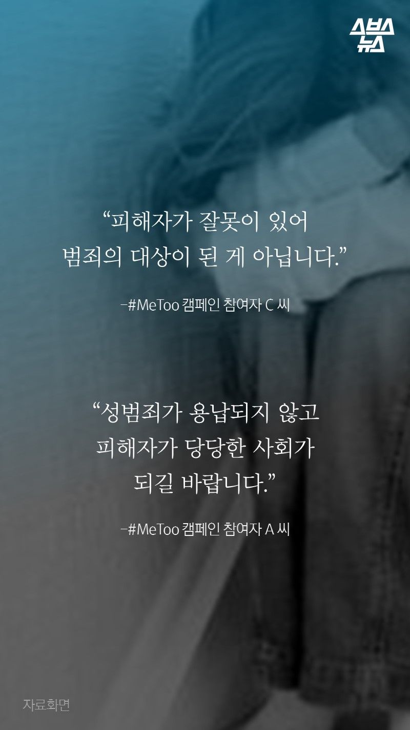 “피해자가 잘못이 있어
범죄의 대상이 된 게 아닙니다.”
 
-#MeToo 캠페인 참여자 C 씨

“성범죄가 용납되지 않고
피해자가 당당한 사회가
되길 바랍니다.”
 
-#MeToo 캠페인 참여자 A 씨