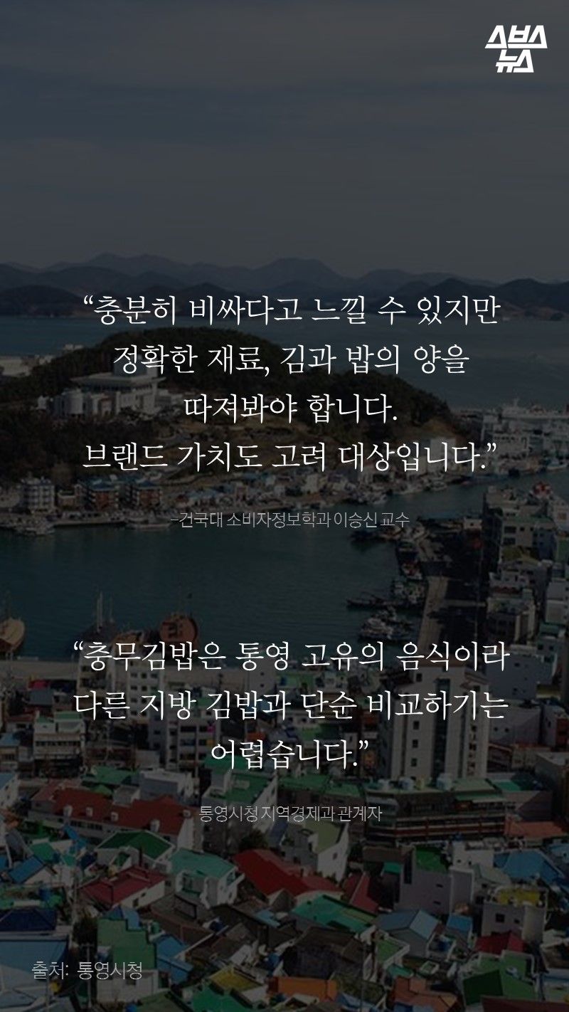 “충분히 비싸다고 느낄 수 있지만
정확한 재료, 김과 밥의 양을
따져봐야 합니다.
브랜드 가치도 고려 대상입니다.”
 
-건국대 소비자정보학과 이승신 교수

“충무김밥은 통영 고유의 음식이라
다른 지방 김밥과 단순 비교하기는
어렵습니다.”
 
통영시청 지역경제과 관계자
