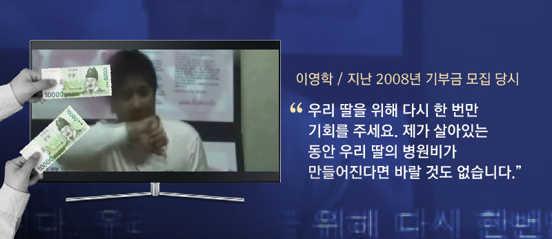 *그래픽
[이영학 / 지난 2008년 후원금 모집 당시]
"우리 딸을 위해 다시 한 번만 기회를 주세요. 제가 살아 있는 동안 우리 딸의 병원비가 만들어진다면 바랄 것도 없습니다." //
