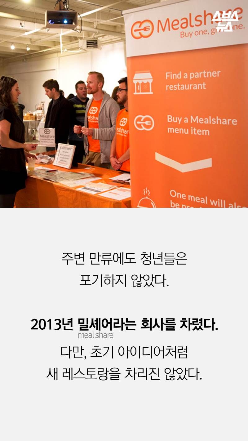 주변 만류에도 청년들은 
포기하지 않았다. 

2013년 밀셰어라는 회사를 차렸다.
 
다만, 초기 아이디어처럼
새 레스토랑을 차리진 않았다.
