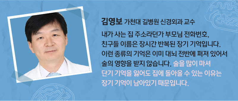 *그래픽
[김영보 / 가천대 길병원 신경외과 교수]
"내가 사는 집 주소라던가 부모님 전화번호, 친구들 이름은 장시간 반복된 장기 기억입니다. 이런 종류의 기억은 이미 대뇌 전반에 퍼져 있어서 술의 영향을 받지 않습니다. 술을 많이 마셔 단기 기억을 잃어도 집에 돌아올 수 있는 이유는 장기 기억이 남아 있기 때문입니다." //