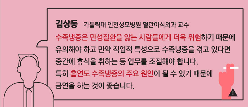 
*그래픽
[김상동 / 가톨릭대 인천성모병원 혈관이식외과 교수]
"수족냉증은 만성질환을 앓는 사람들에게 더욱 위험하기 때문에 유의해야 하고 만약 직업적 특성으로 수족냉증을 겪고 있다면 중간에 휴식을 취하는 등 업무를 조절해야 합니다. 특히 흡연도 수족냉증의 주요 원인이 될 수 있기 때문에 금연을 하는 것이 좋습니다."