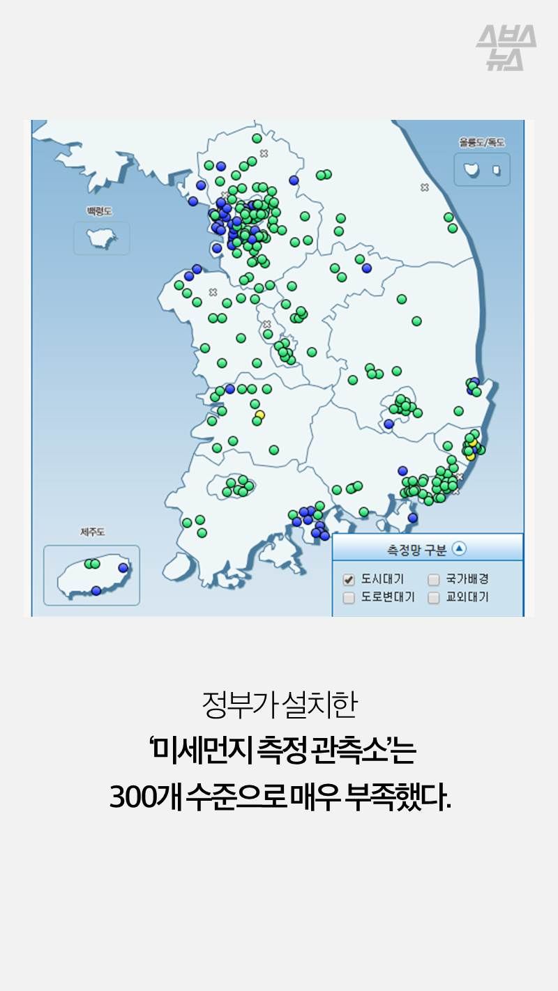 정부가 설치한
 ‘미세먼지 측정 관측소’는
300개 수준으로 매우 부족했다.
