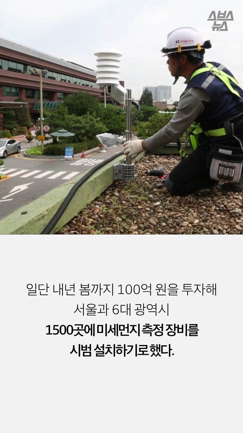 일단 내년 봄까지 100억 원을 투자해
서울과 6대 광역시 
1500곳에 미세먼지 측정 장비를 
시범 설치하기로 했다.
