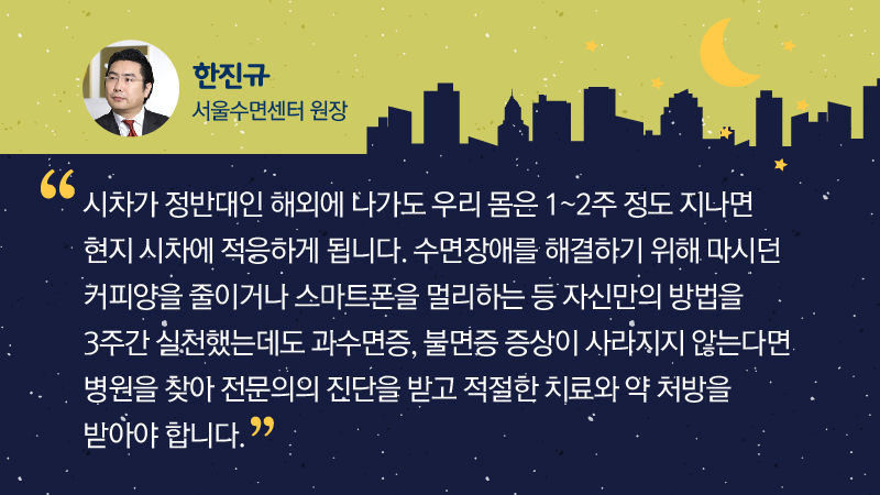 
*그래픽
[한진규 / 서울수면센터 원장]
"시차가 정반대인 해외에 나가도 우리 몸은 1~2주 정도 지나면 현지 시차에 적응하게 됩니다. 수면장애를 해결하기 위해 마시던 커피 양을 줄이거나 스마트폰을 멀리하는 등 자신만의 방법을 3주간 실천했는데도 과수면증, 불면증 증상이 사라지지 않는다면 병원을 찾아 전문의의 진단을 받고 적절한 치료와 약 처방을 받아야 합니다."