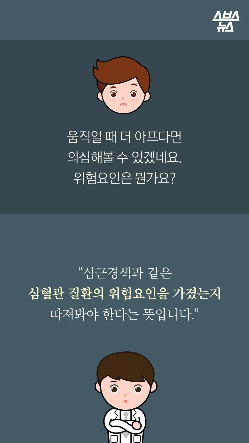 움직일 때 더 아프다면
의심해볼 수 있겠네요.
위험요인은 뭔가요?

“심근경색과 같은
심혈관 질환의 위험요인을 가졌는지
따져봐야 한다는 뜻입니다.”
-박병원/순천향대병원 심장내과
