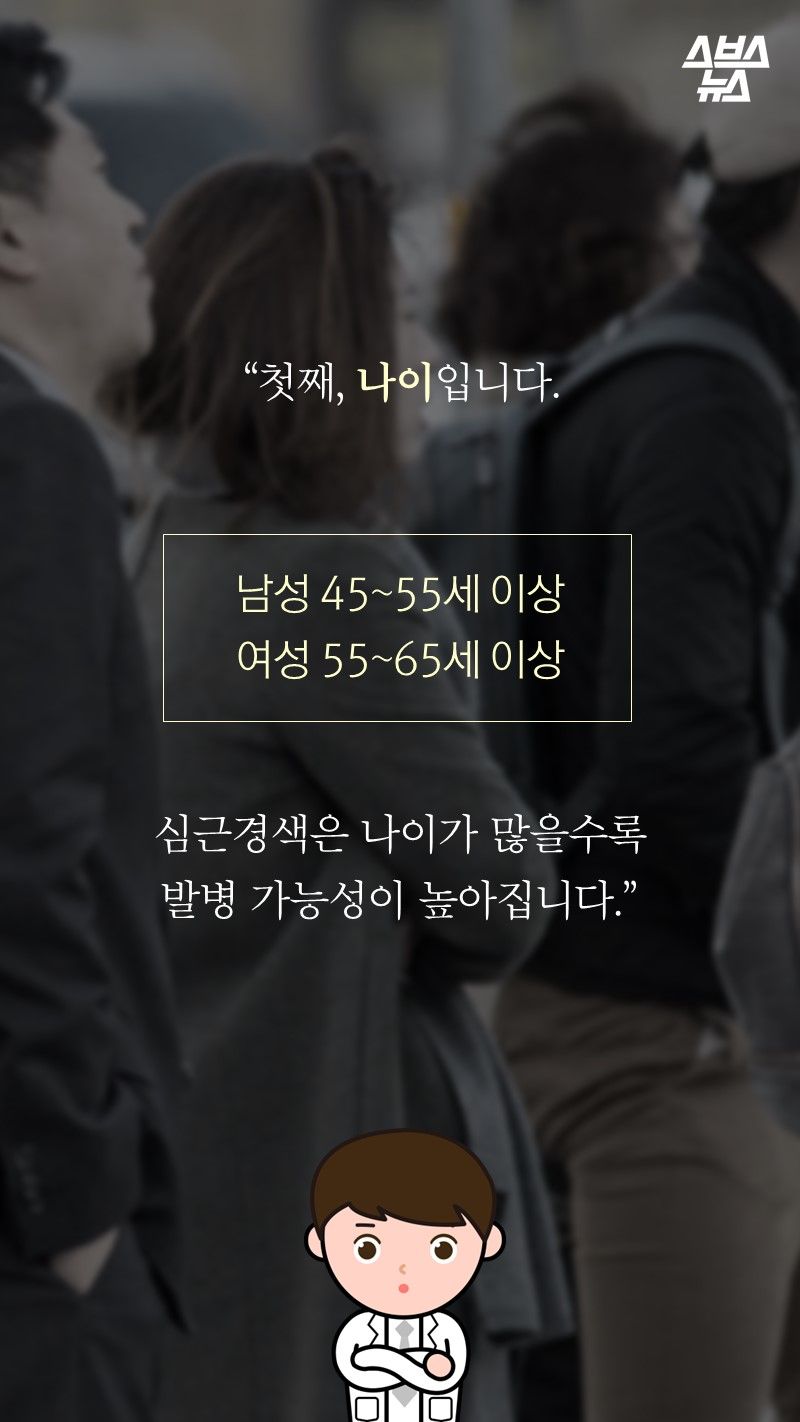 "첫째, 나이입니다.

'남성 45~55세 이상 
여성 55~65세 이상'

심근경색은 나이가 많을수록
발병 가능성이 높아집니다.”
-박병원/순천향대병원 심장내과