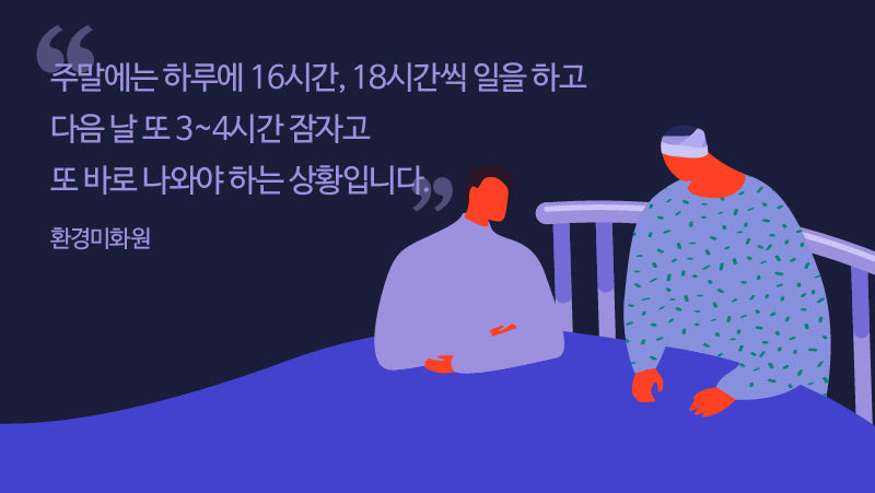 *그래픽
[환경미화원] 
"주말에는 하루에 16시간, 18시간씩 일을 하고 다음 날 또 3~4시간 잠자고 또 바로 나와야 하는 상황입니다."