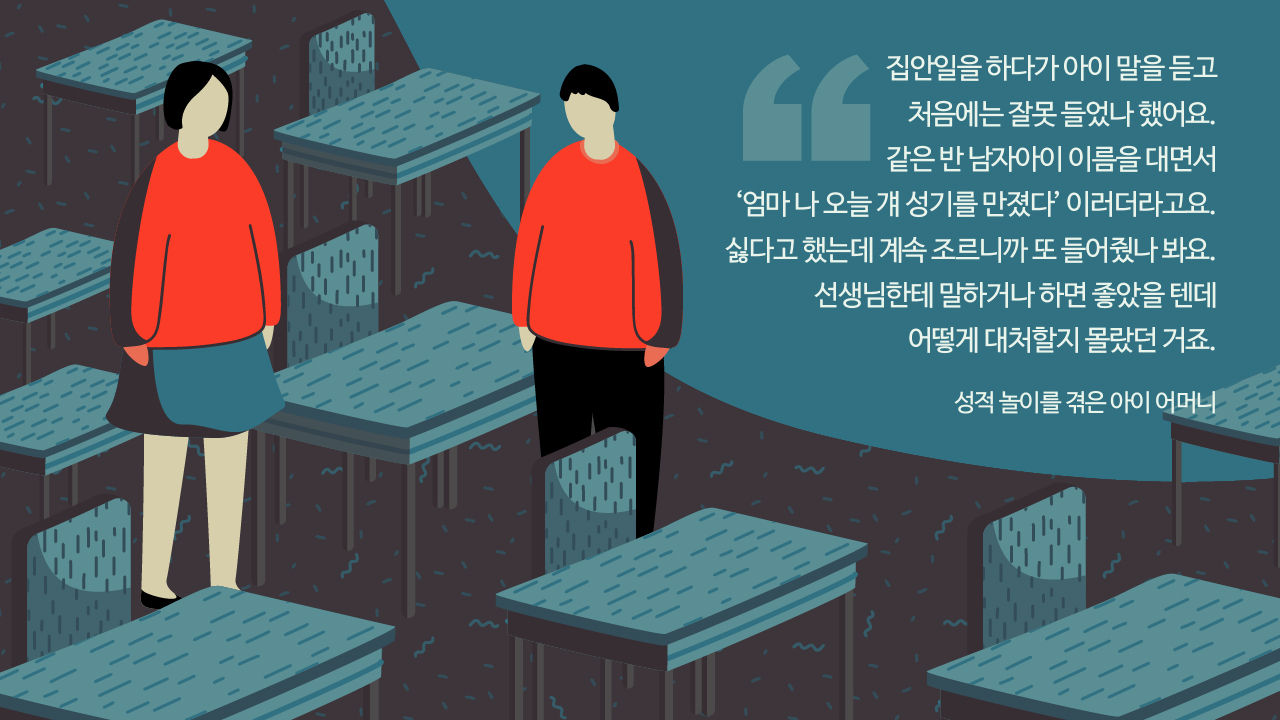 *그래픽
[성적 놀이를 겪은 아이 어머니]
"집안일을 하다가 아이 말을 듣고 처음에는 잘못 들었나 했어요. 같은 반 남자아이 이름을 대면서 '엄마 나 오늘 걔 성기를 만졌다' 이러더라고요. 싫다고 했는데 계속 조르니까 또 들어줬나 봐요. 선생님한테 말하거나 하면 좋았을 텐데 어떻게 대처할지 몰랐던 거죠." //