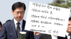 [영상] "대통령님의 마지막 비서관…" 노 전 대통령에 출마 신고한 김경수