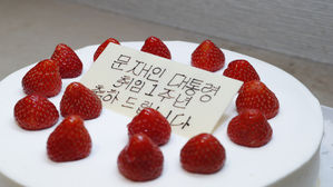 아베, 한·일 정상 오찬서 문 대통령 1주년 케이크 '깜짝 선물'