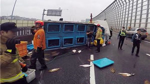 경인고속도로서 수산물 트럭 전도&hellip;인명피해 없어