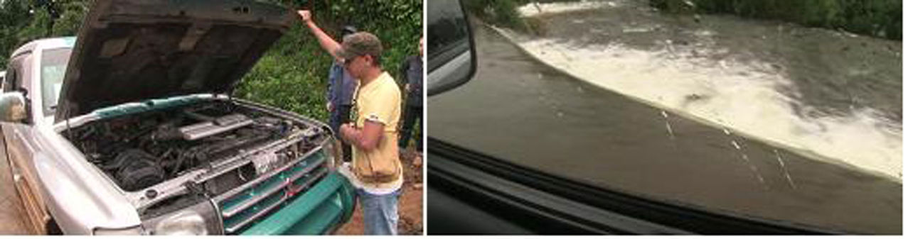 (좌) 엔진 과부하로 멈춘 차량 (우) 물에 잠긴 도로를 건너는 모습