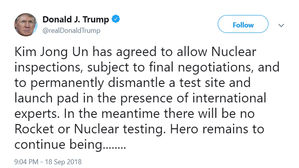 트럼프 "김정은, 핵사찰에 합의" 트위터 올려