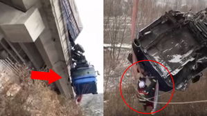 [영상pick] 낭떠러지에 아슬아슬 매달린 트럭&hellip;공중에 갇힌 운전자