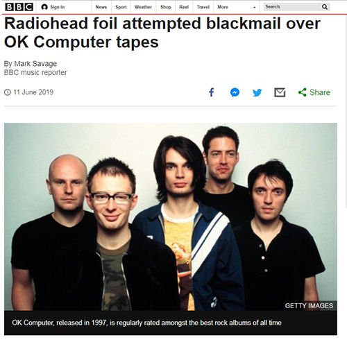 미공개음원 해킹당한 라디오헤드(사진=영국 BBC 홈페이지, 밴드캠프 홈페이지, 라디오헤드 인스타그램·공식 홈페이지 캡처)