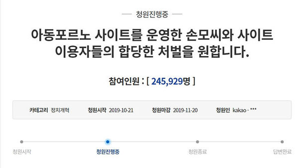 美 법무부, 다크웹 아동음란물 운영자 손 씨 강제송환 요구 (사진=국민청원 홈페이지 캡처)