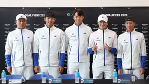 결의 다지는 테니스 대표팀(왼쪽부터 박승규 감독, 송민규, 남지성, 권순우, 홍성찬)