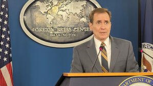 존 커비 미국 국가안전보장회의(NSC) 전략소통조정관이 8일(현지시간) 워싱턴DC에 있는 외신센터에서 '중국 정찰풍선사태'와 관련해 브리핑을 하고 있다.