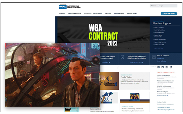 ▲왼쪽 : 스티븐 스필버그가 연출과 각본을 맡은 2001년 영화 'A.I'. 오른쪽 : 미국작가조합(WGA)의 홈페이지. WGA는 파업 등을 통해 영화 제작을 중단시키거나 지연시킬 수 있을 정도로 미국 영화 드라마 업계에 막강한 영향력을 행사하는 노동조합이다.